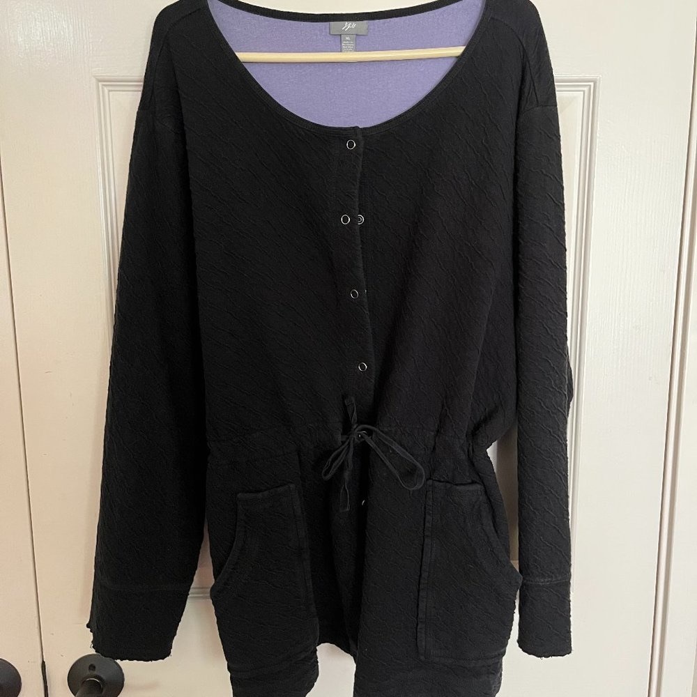 JJill Black Knit Cotton Snap Cardigan Long Sleeves Purple Lining Tie Waist XL